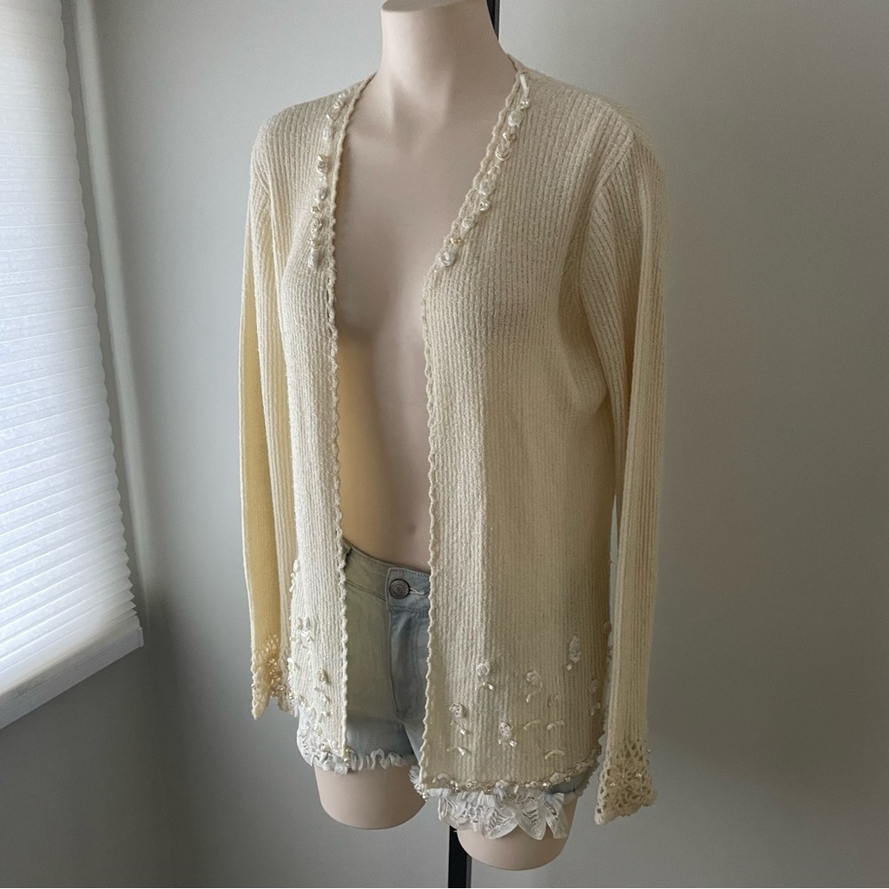 Vintage April Cornell Open Embellished Beaded Faux Pearl Knit Cardigan Granny - Picture 7 of 10